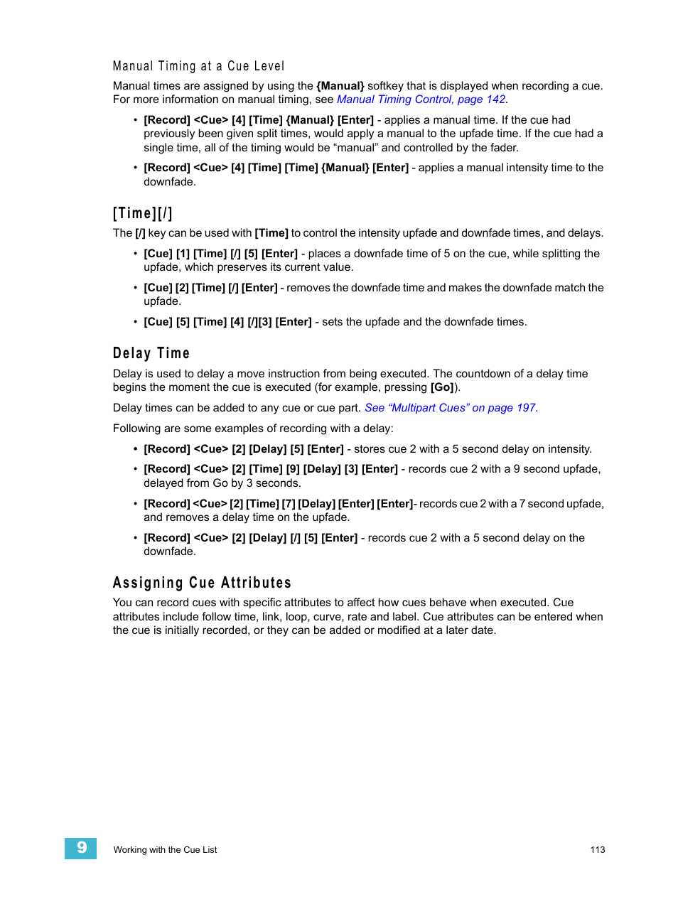 Time, Delay time, Assigning cue attributes | Time][/] delay time assigning cue attributes | ETC Element v2.1.0 User Manual | Page 125 / 318