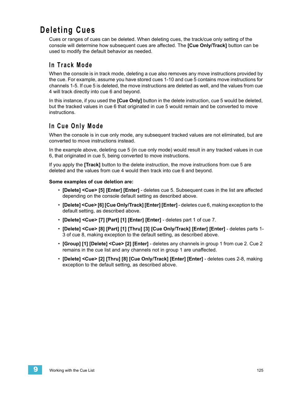 Deleting cues, In track mode, In cue only mode | In track mode in cue only mode | ETC Element v2.1.0 User Manual | Page 137 / 318