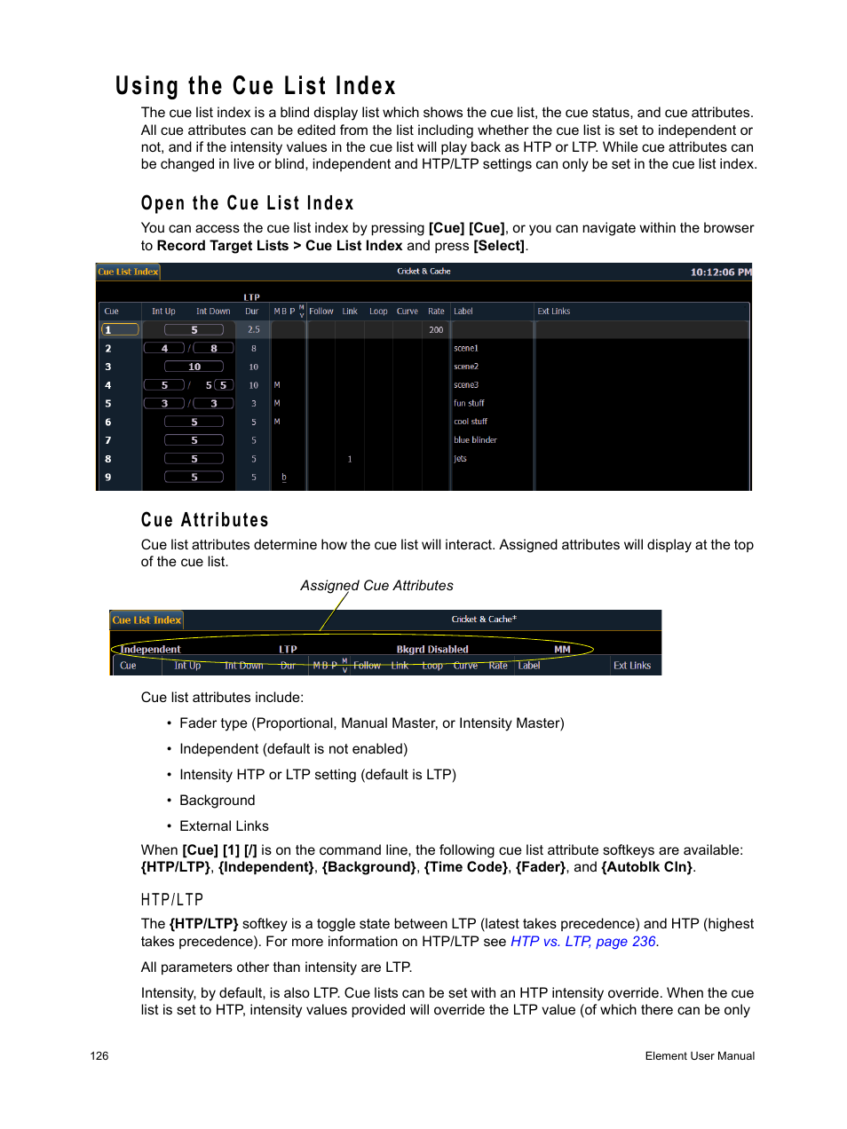 Using the cue list index, Open the cue list index, Cue attributes | Open the cue list index cue attributes | ETC Element v2.1.0 User Manual | Page 138 / 318