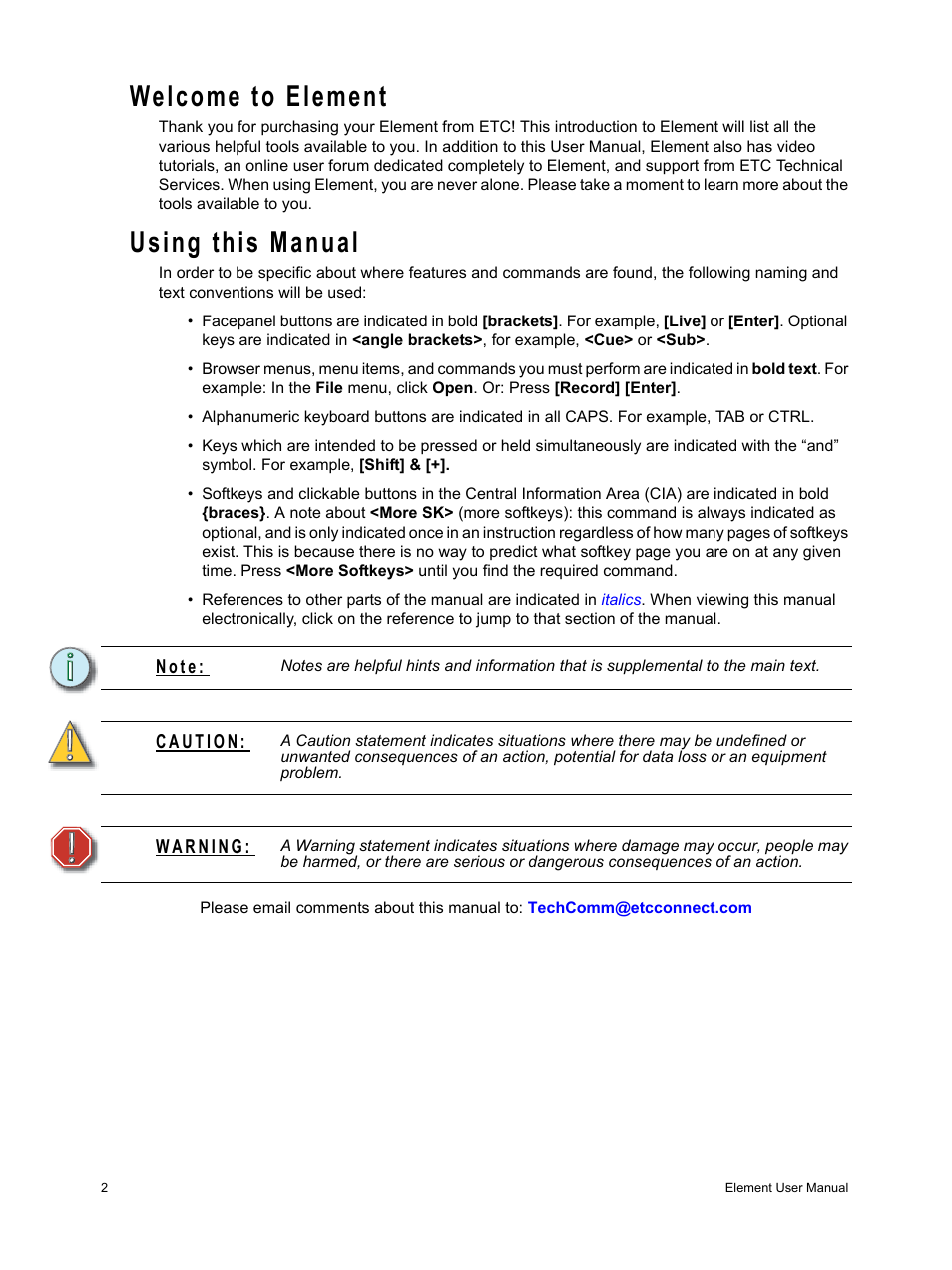 Welcome to element, Using this manual | ETC Element v2.1.0 User Manual | Page 14 / 318