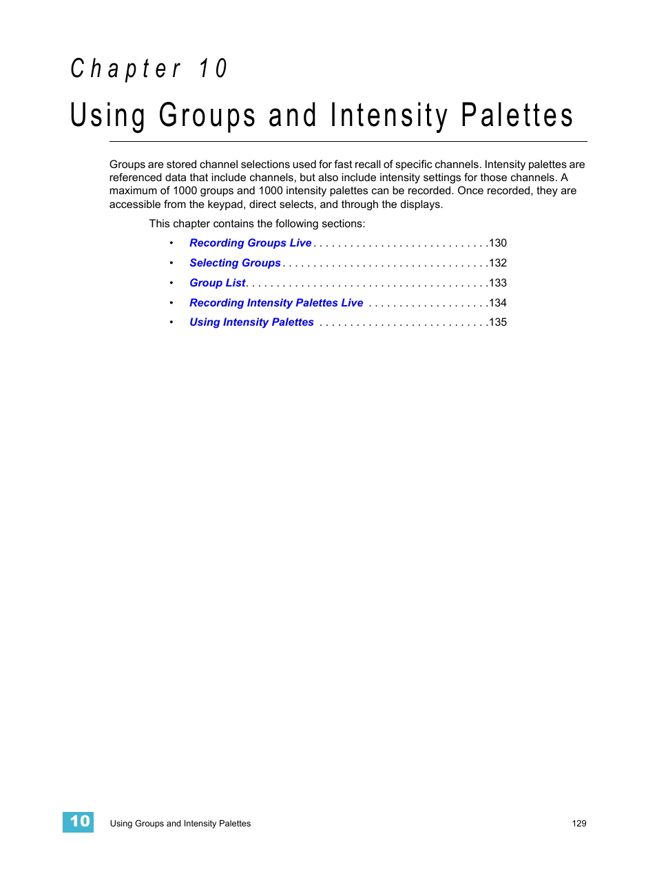 Using groups and intensity palettes, C h a p t e r 1 0 | ETC Element v2.1.0 User Manual | Page 141 / 318