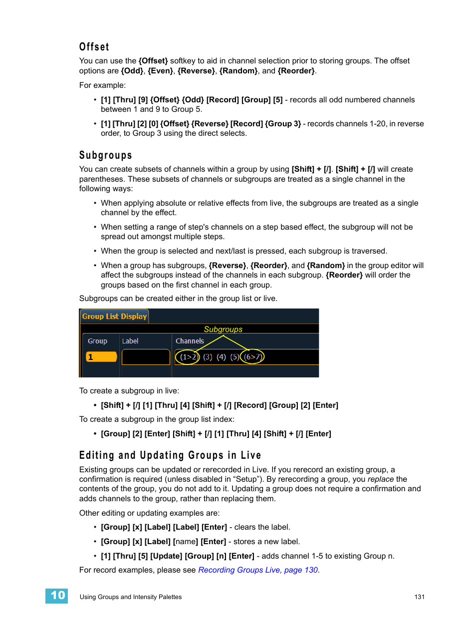 Offset, Subgroups, Editing and updating groups in live | ETC Element v2.1.0 User Manual | Page 143 / 318