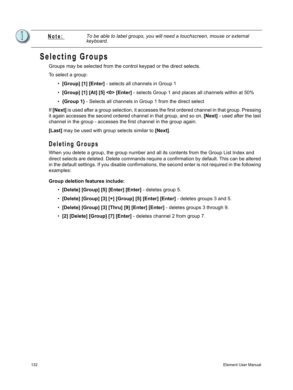 Selecting groups, Deleting groups | ETC Element v2.1.0 User Manual | Page 144 / 318