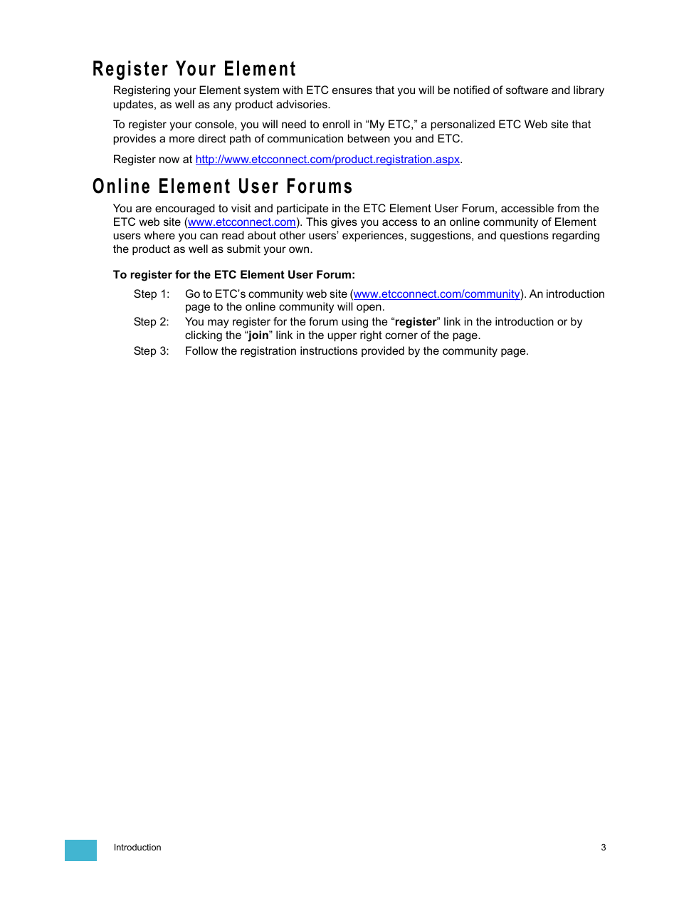 Register your element, Online element user forums | ETC Element v2.1.0 User Manual | Page 15 / 318