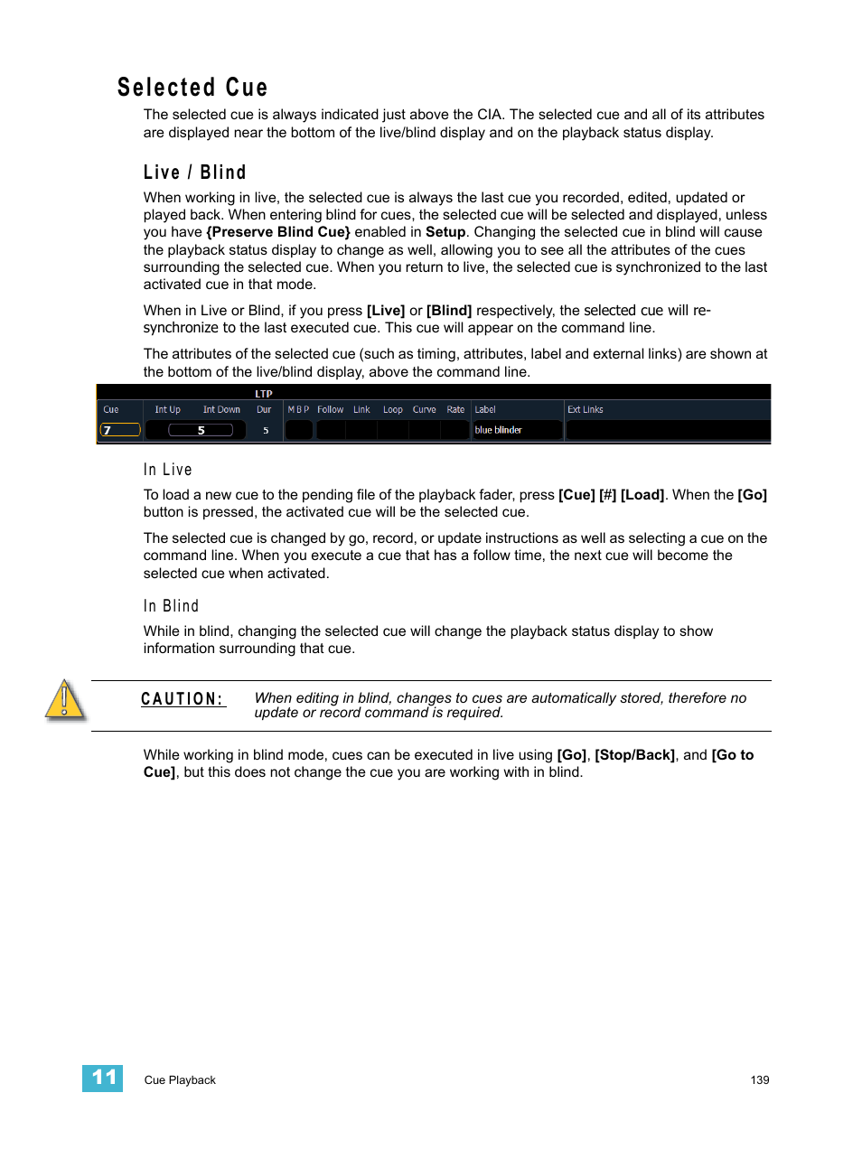 Selected cue, Live / blind | ETC Element v2.1.0 User Manual | Page 151 / 318