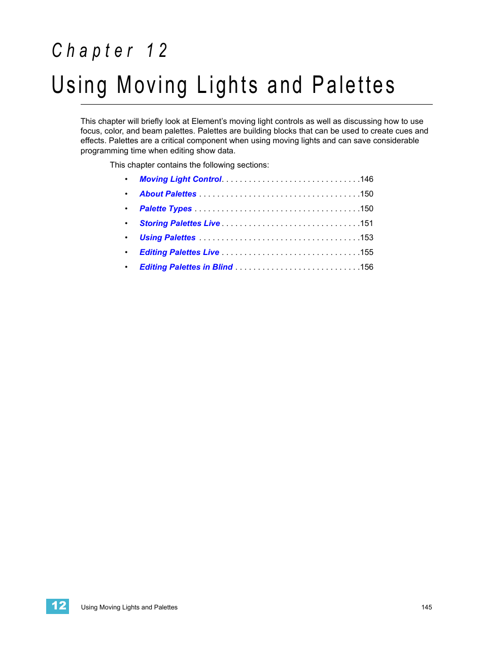 Using moving lights and palettes, C h a p t e r 1 2 | ETC Element v2.1.0 User Manual | Page 157 / 318