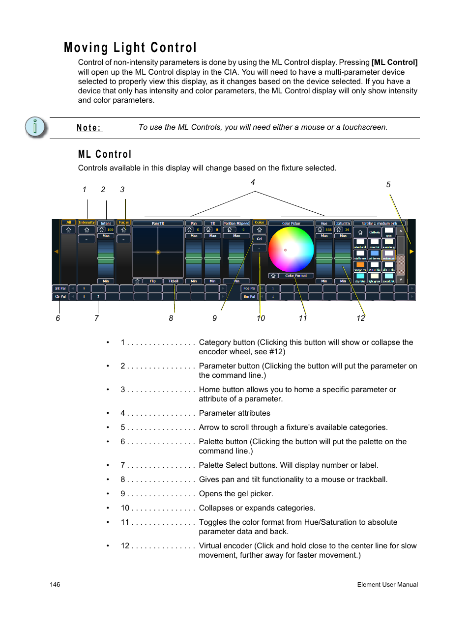 Moving light control, Ml control, N o t e | ETC Element v2.1.0 User Manual | Page 158 / 318