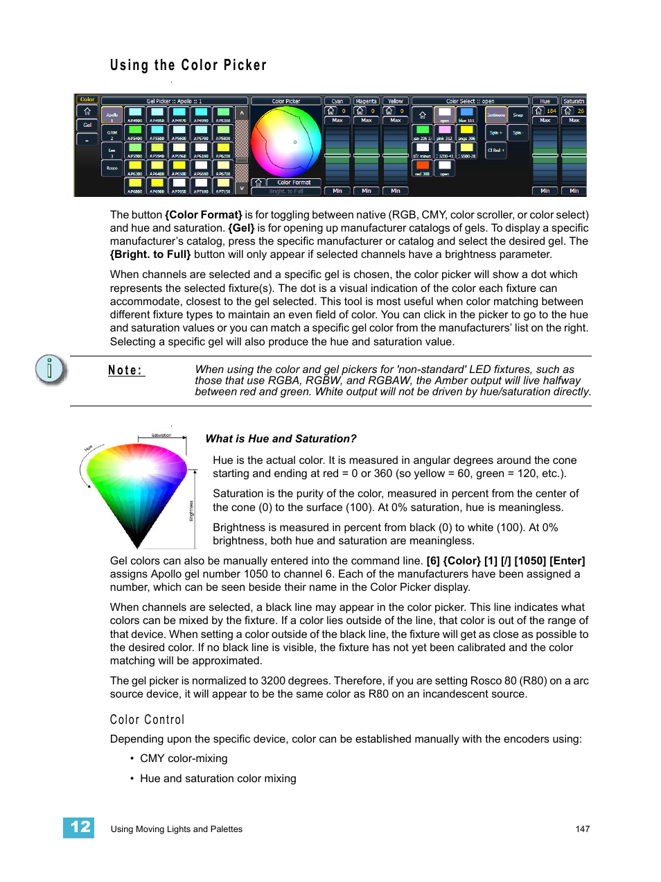 Using the color picker, Color control, N o t e | ETC Element v2.1.0 User Manual | Page 159 / 318