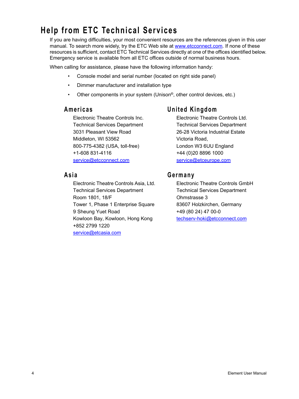Help from etc technical services, Americas united kingdom, Asia germany | ETC Element v2.1.0 User Manual | Page 16 / 318