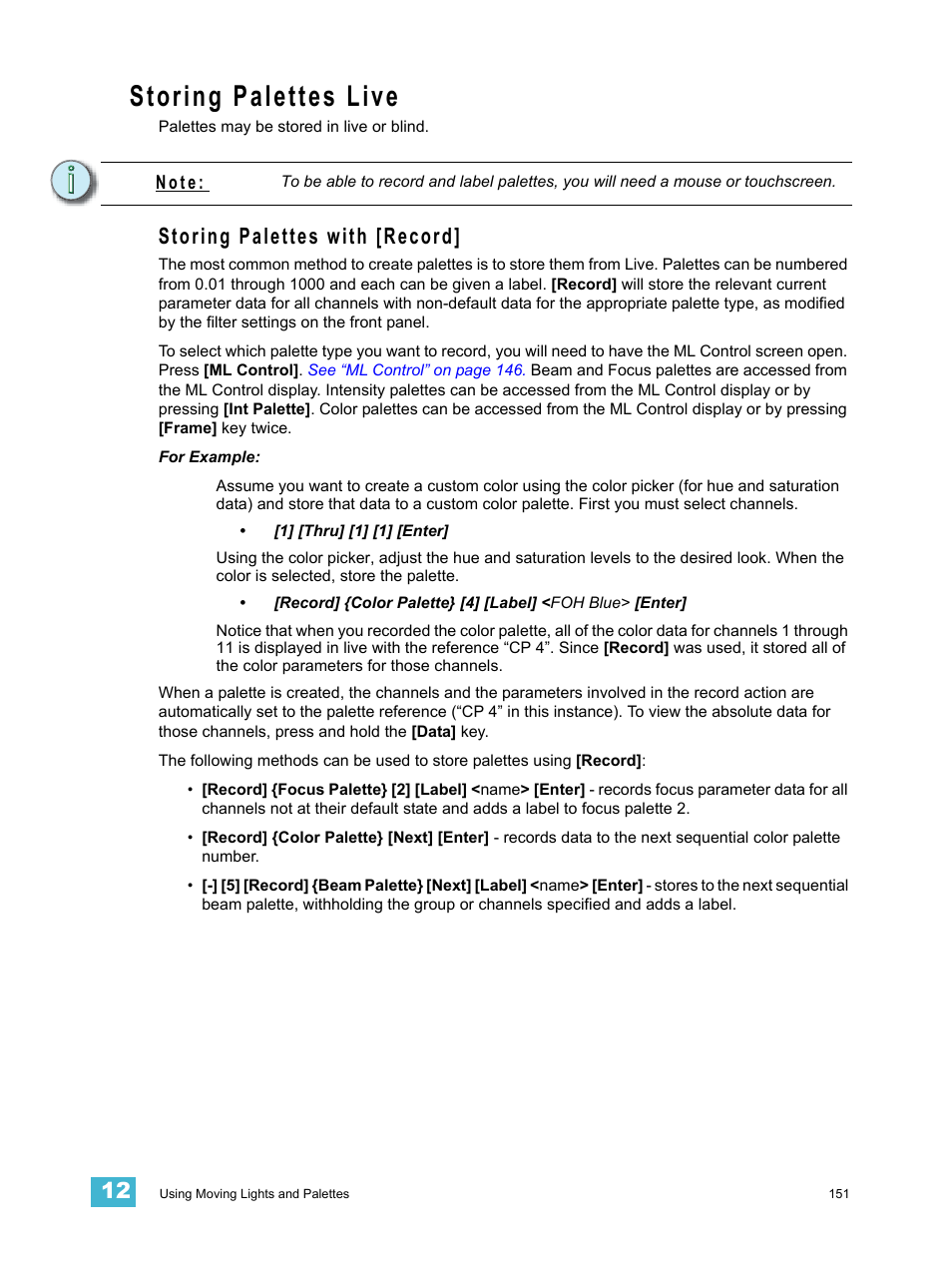 Storing palettes live, Storing palettes with [record | ETC Element v2.1.0 User Manual | Page 163 / 318