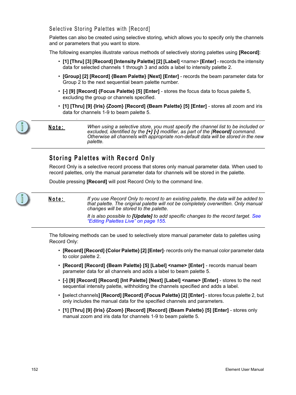 Storing palettes with record only, Selective storing palettes with [record, N o t e | ETC Element v2.1.0 User Manual | Page 164 / 318