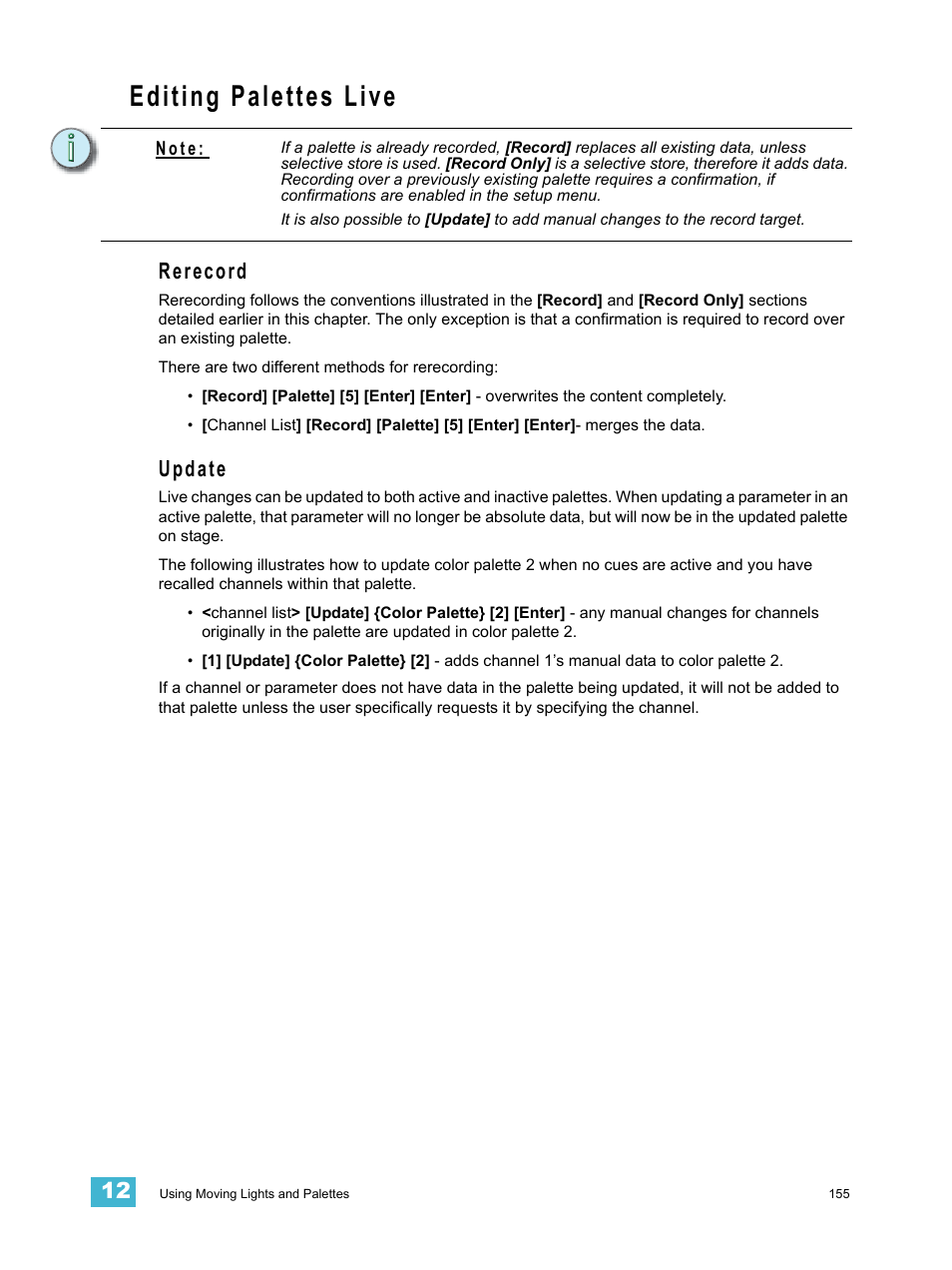 Editing palettes live, Rerecord, Update | Rerecord update | ETC Element v2.1.0 User Manual | Page 167 / 318