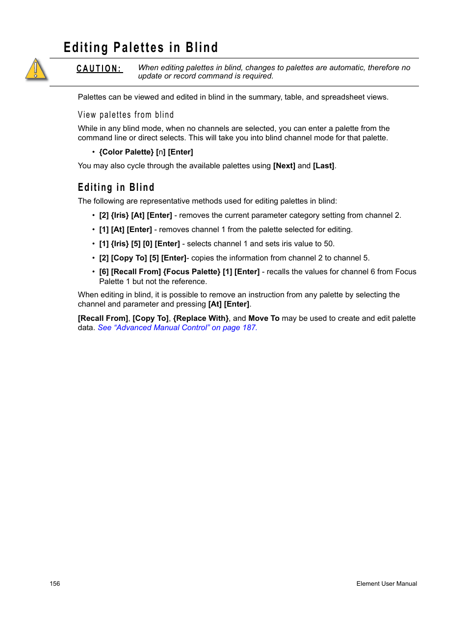 Editing palettes in blind, Editing in blind | ETC Element v2.1.0 User Manual | Page 168 / 318