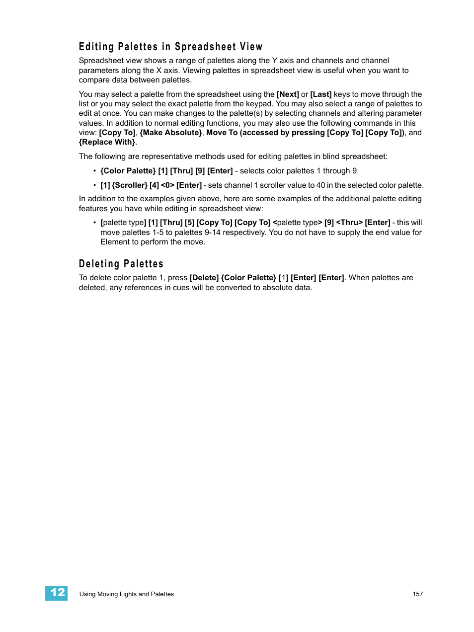 Editing palettes in spreadsheet view, Deleting palettes | ETC Element v2.1.0 User Manual | Page 169 / 318