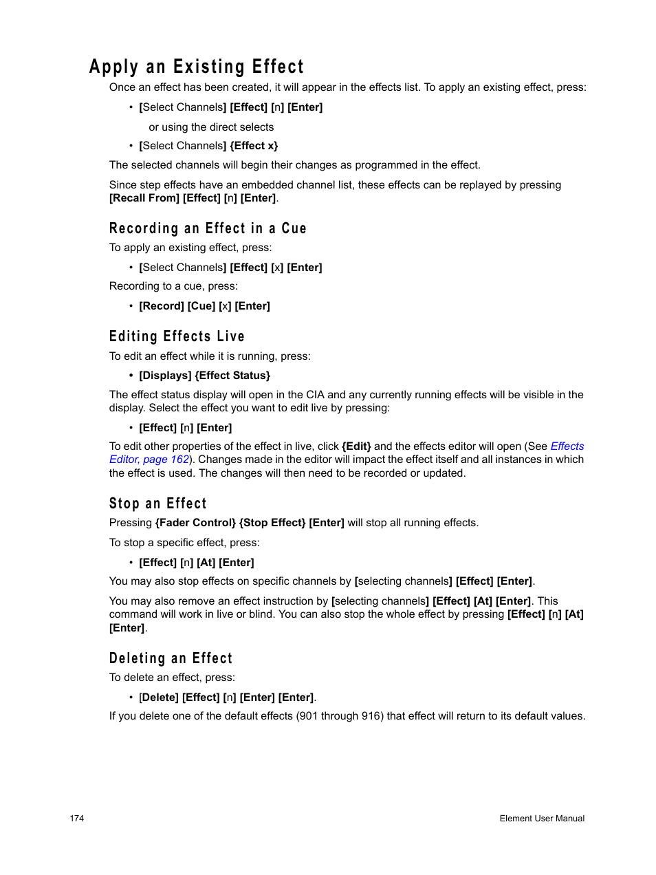 Apply an existing effect, Recording an effect in a cue, Editing effects live | Stop an effect, Deleting an effect | ETC Element v2.1.0 User Manual | Page 186 / 318