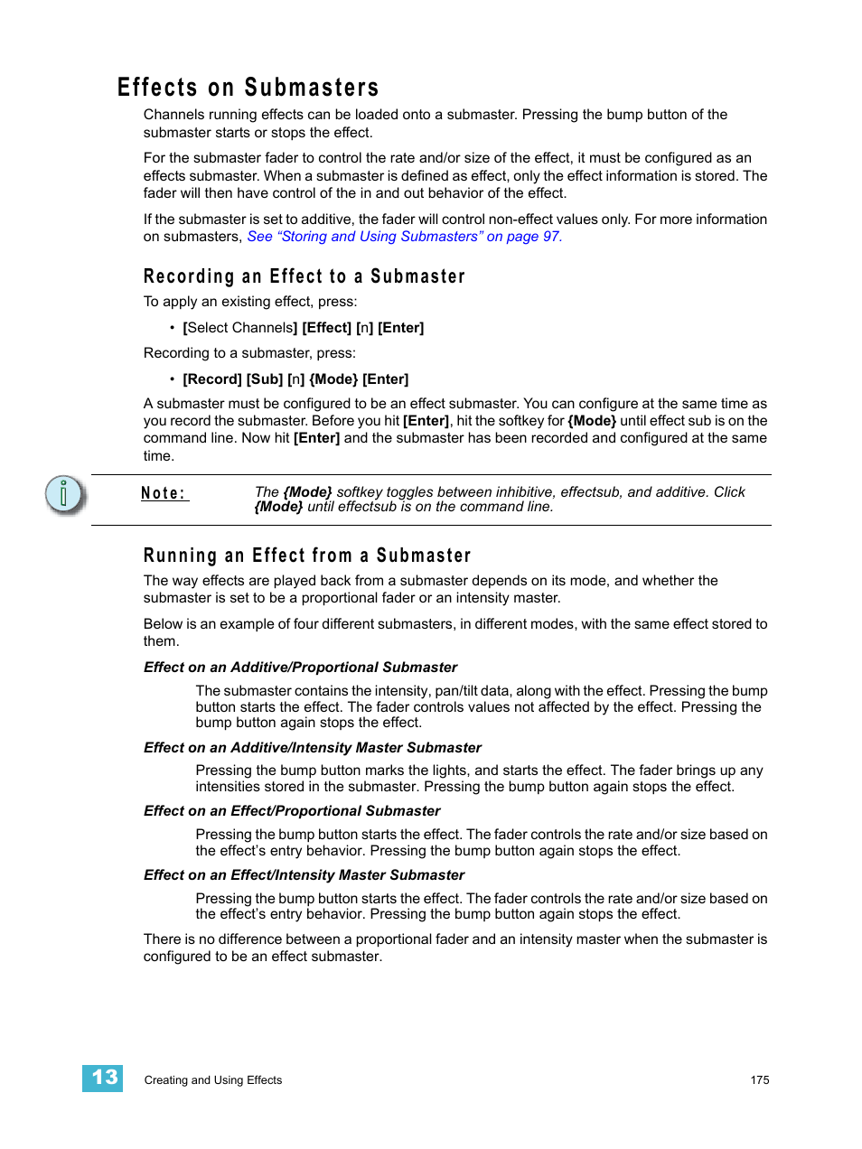 Effects on submasters, Recording an effect to a submaster, Running an effect from a submaster | See “effects on | ETC Element v2.1.0 User Manual | Page 187 / 318