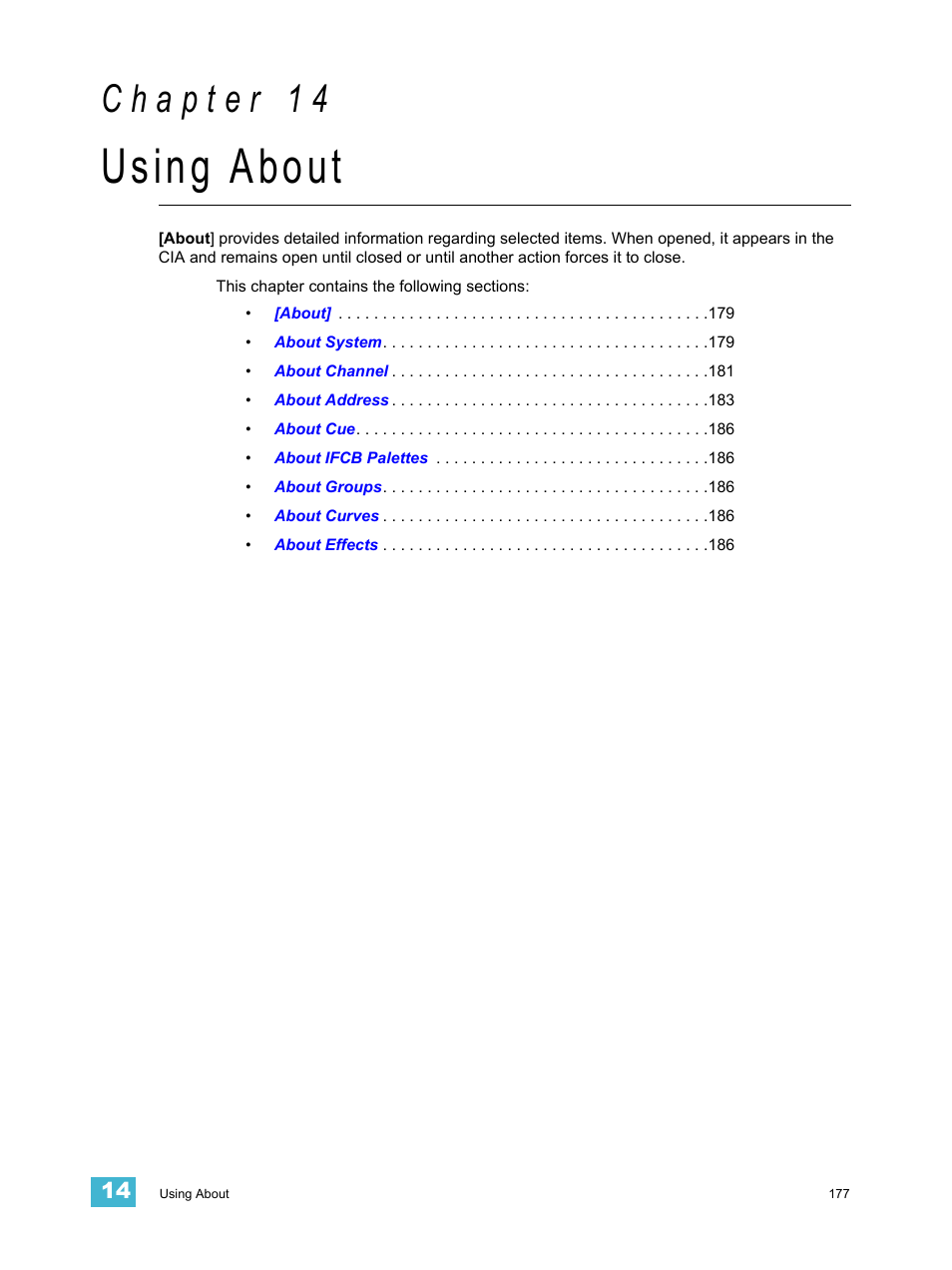 Using about, C h a p t e r 1 4 | ETC Element v2.1.0 User Manual | Page 189 / 318