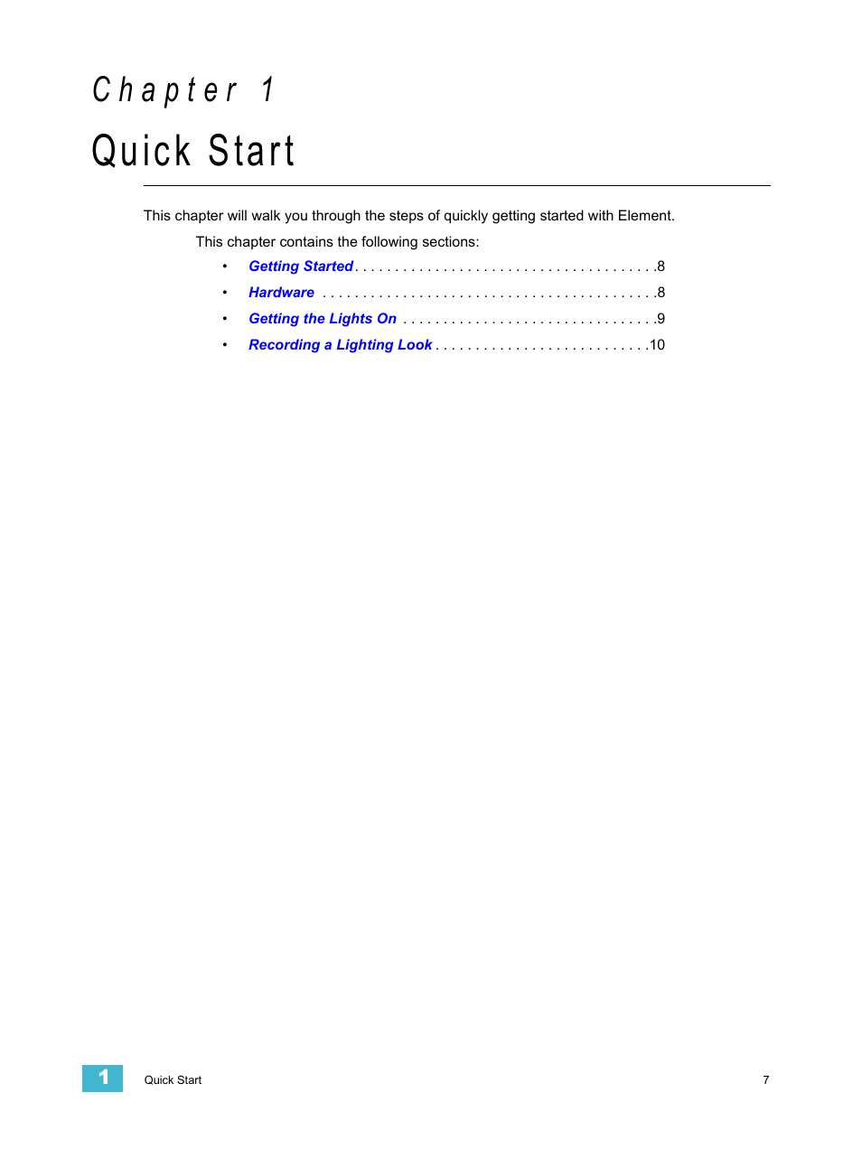 Quick start, C h a p t e r 1 | ETC Element v2.1.0 User Manual | Page 19 / 318