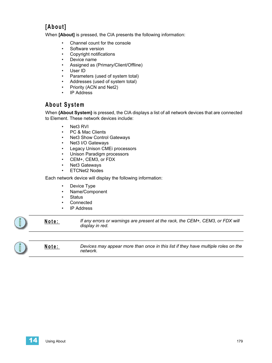 About, About system, About] about system | N o t e | ETC Element v2.1.0 User Manual | Page 191 / 318