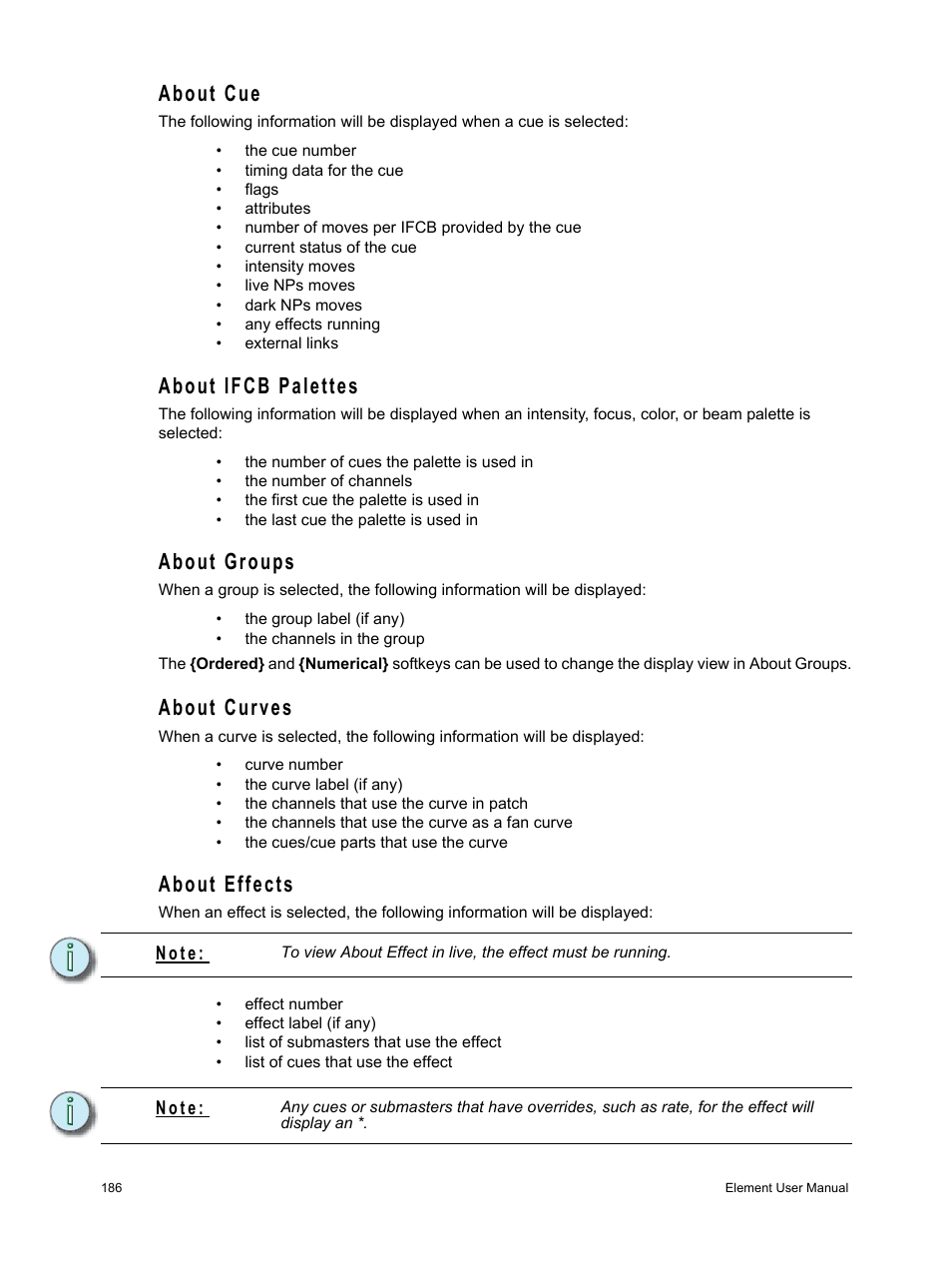 About cue, About ifcb palettes, About groups | About curves, About effects, N o t e | ETC Element v2.1.0 User Manual | Page 198 / 318