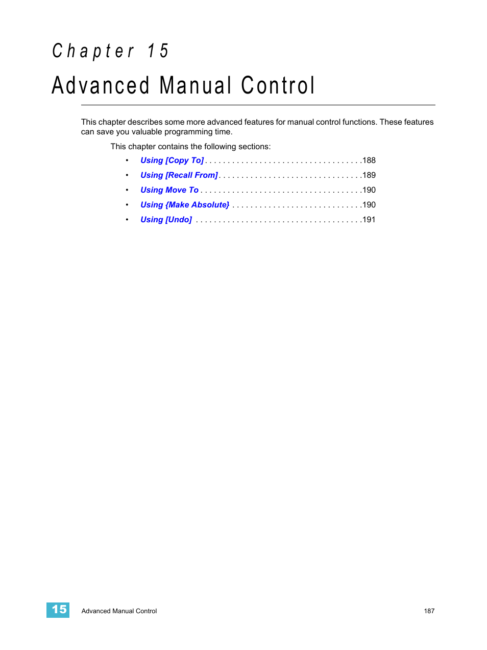 Advanced manual control, C h a p t e r 1 5 | ETC Element v2.1.0 User Manual | Page 199 / 318