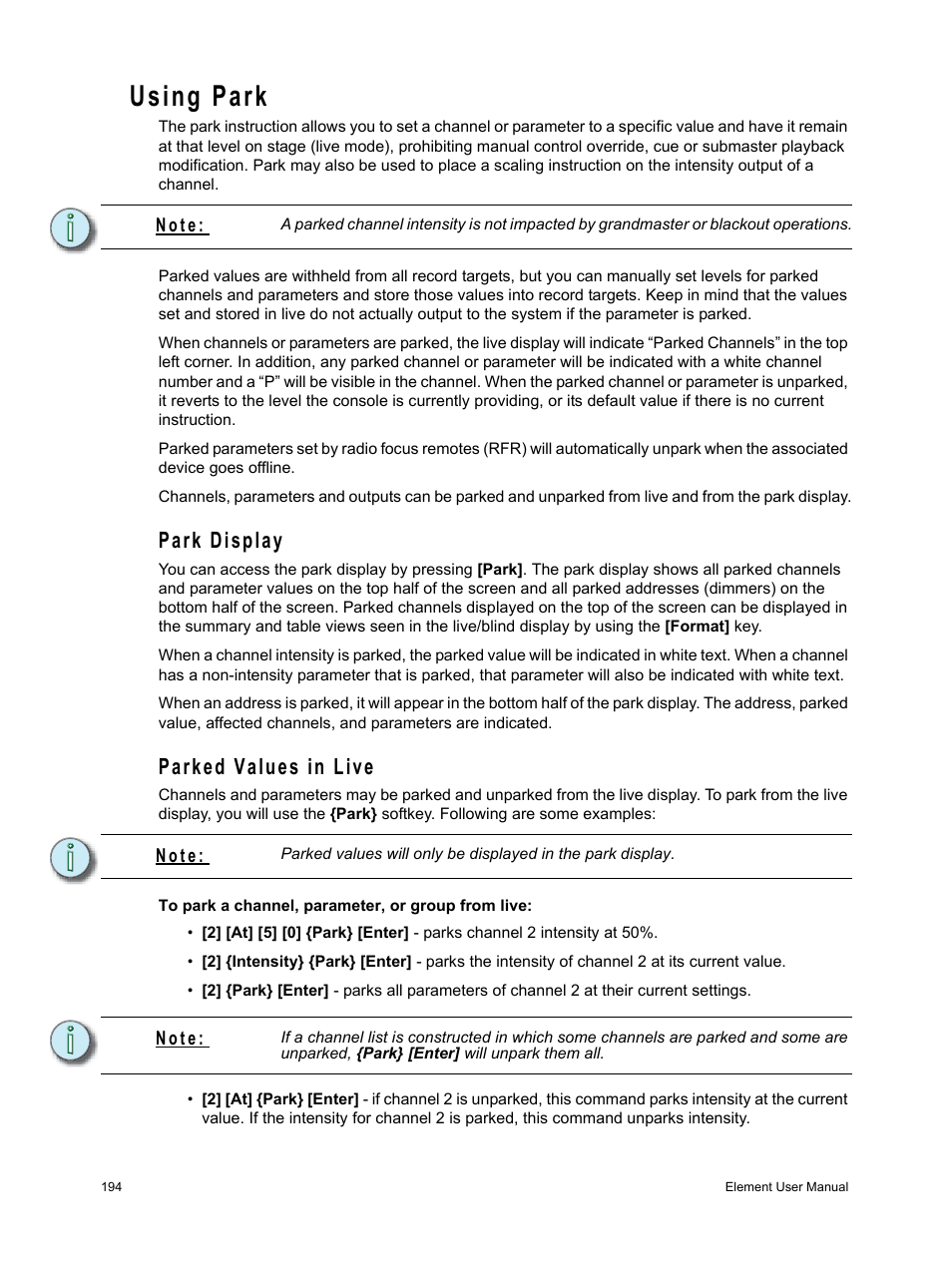 Using park, Park display, Parked values in live | Park display parked values in live | ETC Element v2.1.0 User Manual | Page 206 / 318