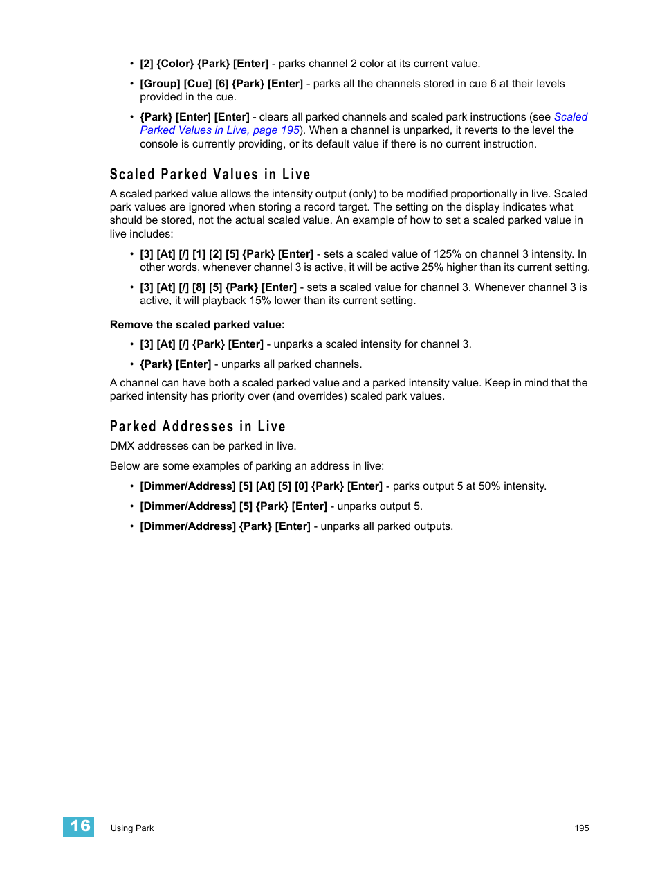 Scaled parked values in live, Parked addresses in live | ETC Element v2.1.0 User Manual | Page 207 / 318