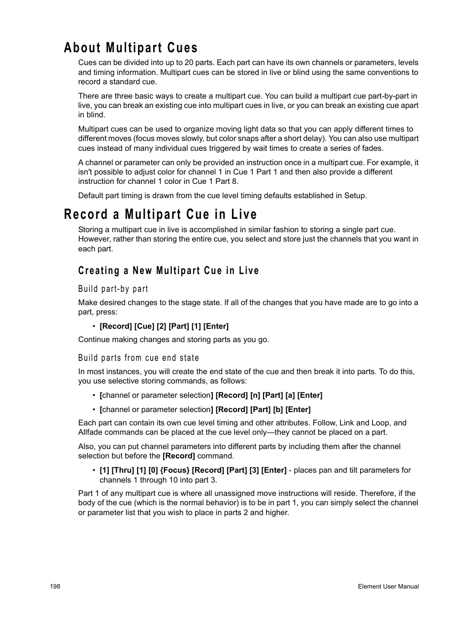 About multipart cues, Record a multipart cue in live, Creating a new multipart cue in live | Live | ETC Element v2.1.0 User Manual | Page 210 / 318