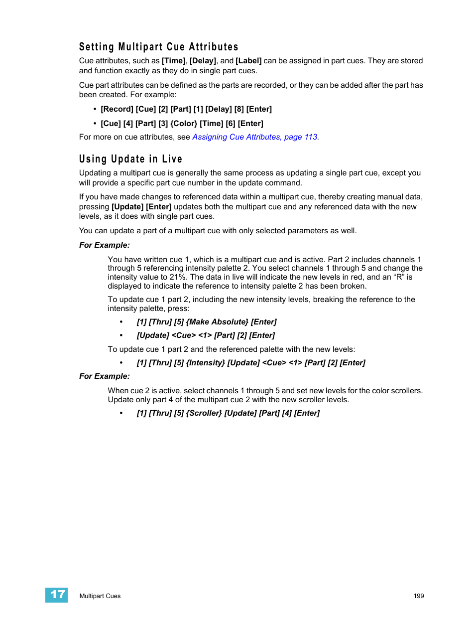 Setting multipart cue attributes, Using update in live | ETC Element v2.1.0 User Manual | Page 211 / 318