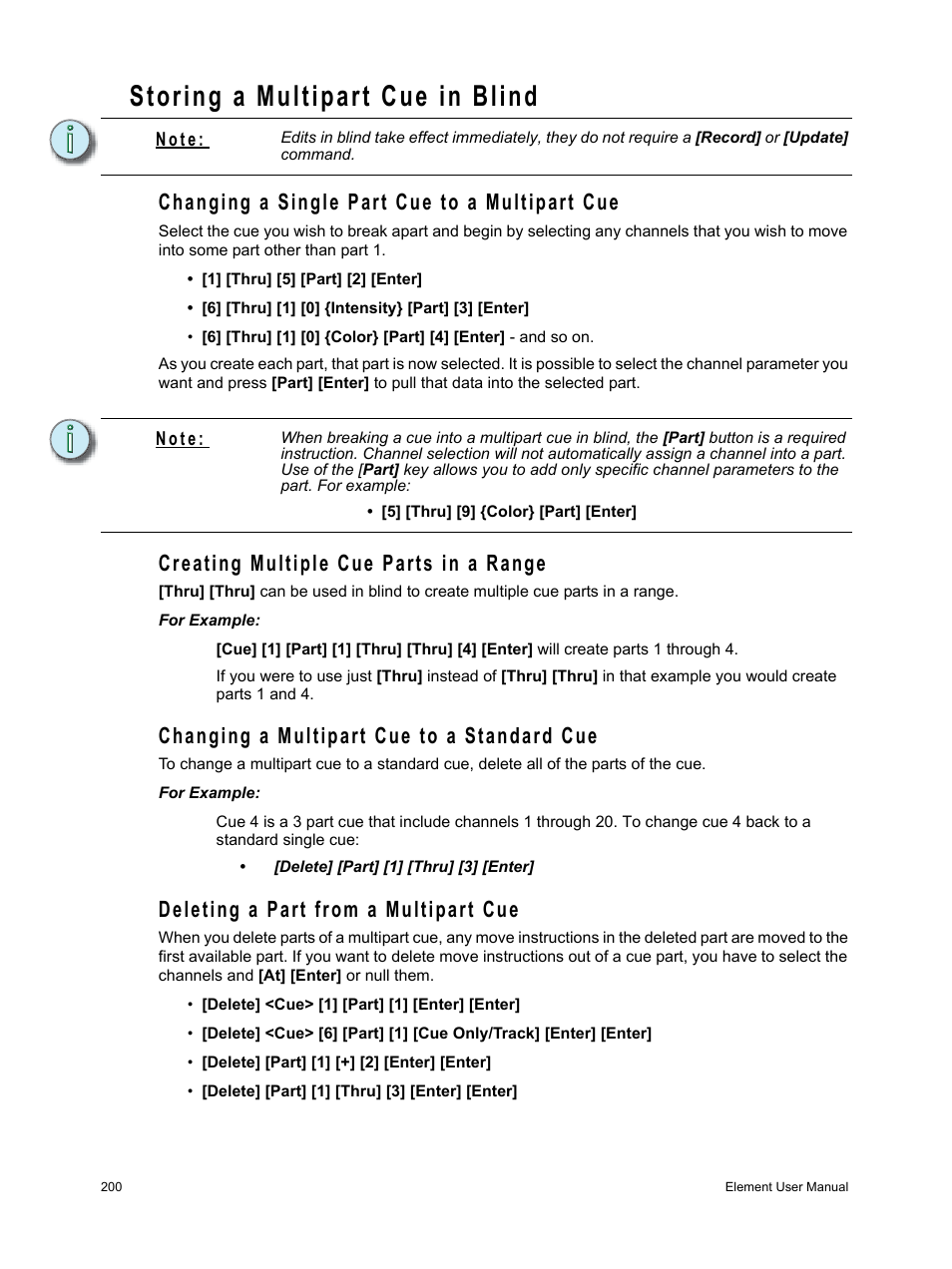 Storing a multipart cue in blind, Changing a single part cue to a multipart cue, Creating multiple cue parts in a range | Changing a multipart cue to a standard cue, Deleting a part from a multipart cue | ETC Element v2.1.0 User Manual | Page 212 / 318