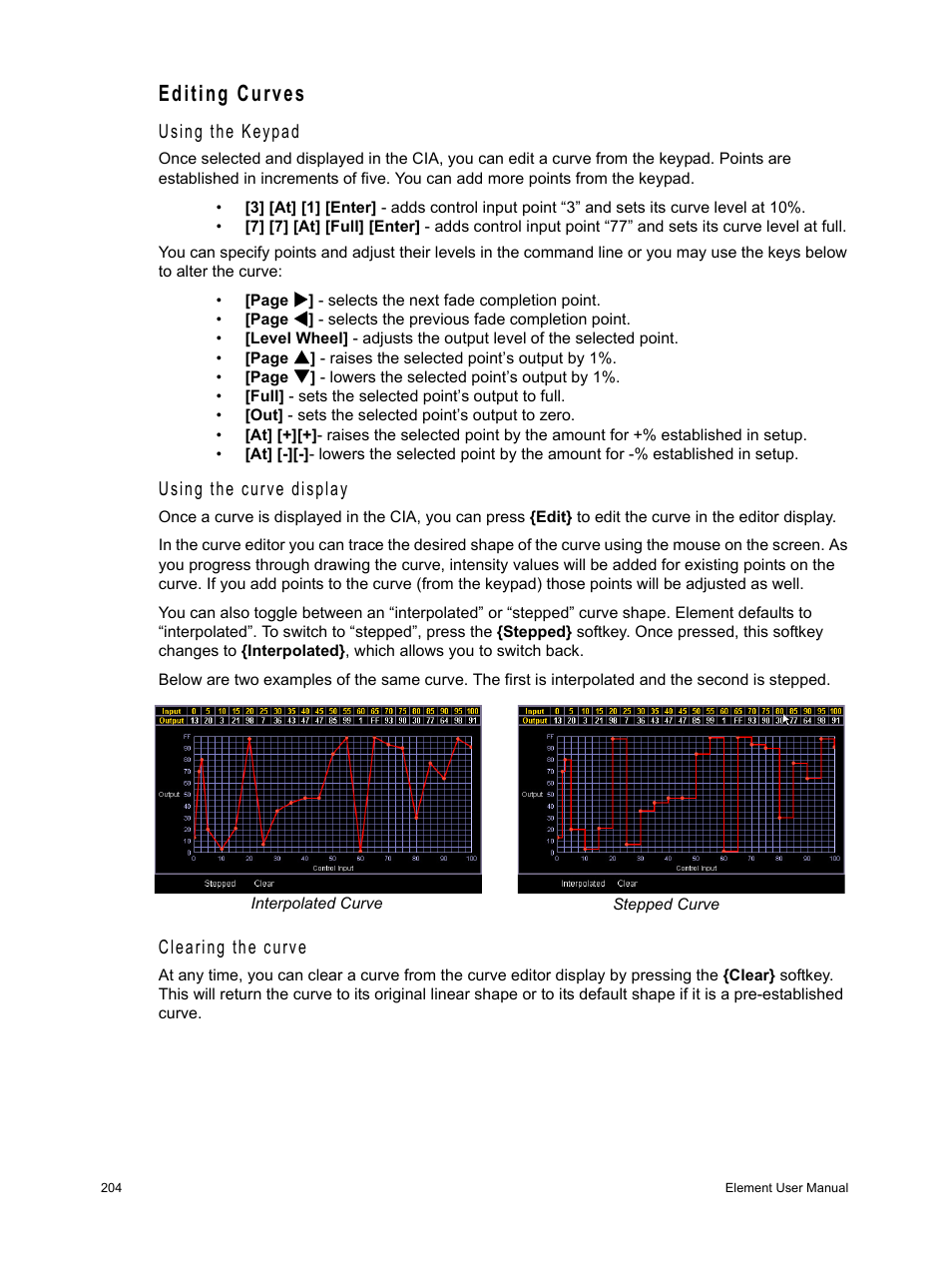 Editing curves, Using the keypad, Using the curve display | Clearing the curve | ETC Element v2.1.0 User Manual | Page 216 / 318