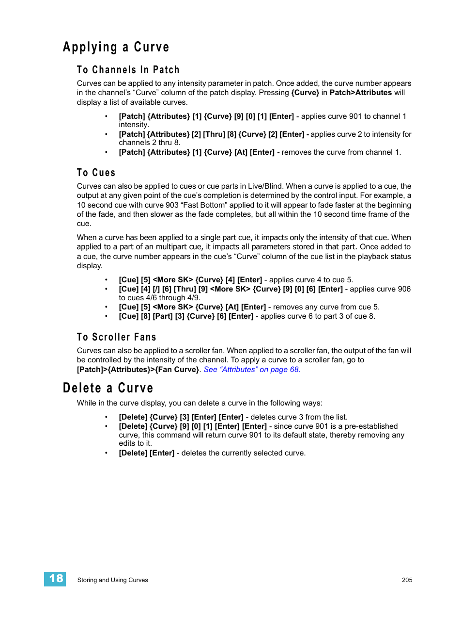 Applying a curve, To channels in patch, To cues | To scroller fans, Delete a curve, To channels in patch to cues to scroller fans | ETC Element v2.1.0 User Manual | Page 217 / 318