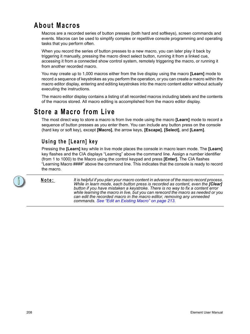 About macros, Store a macro from live, Using the [learn] key | ETC Element v2.1.0 User Manual | Page 220 / 318