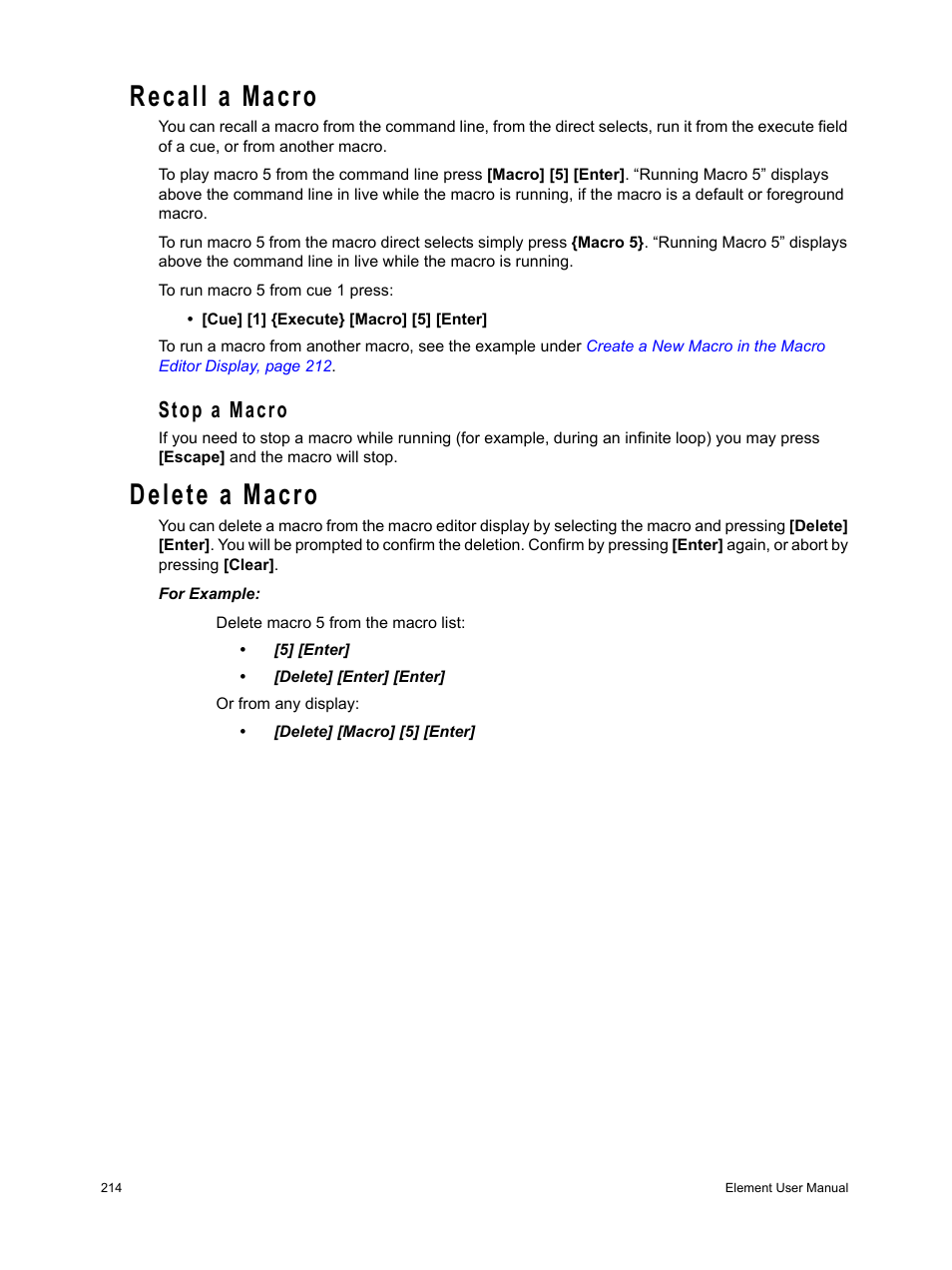 Recall a macro, Stop a macro, Delete a macro | ETC Element v2.1.0 User Manual | Page 226 / 318