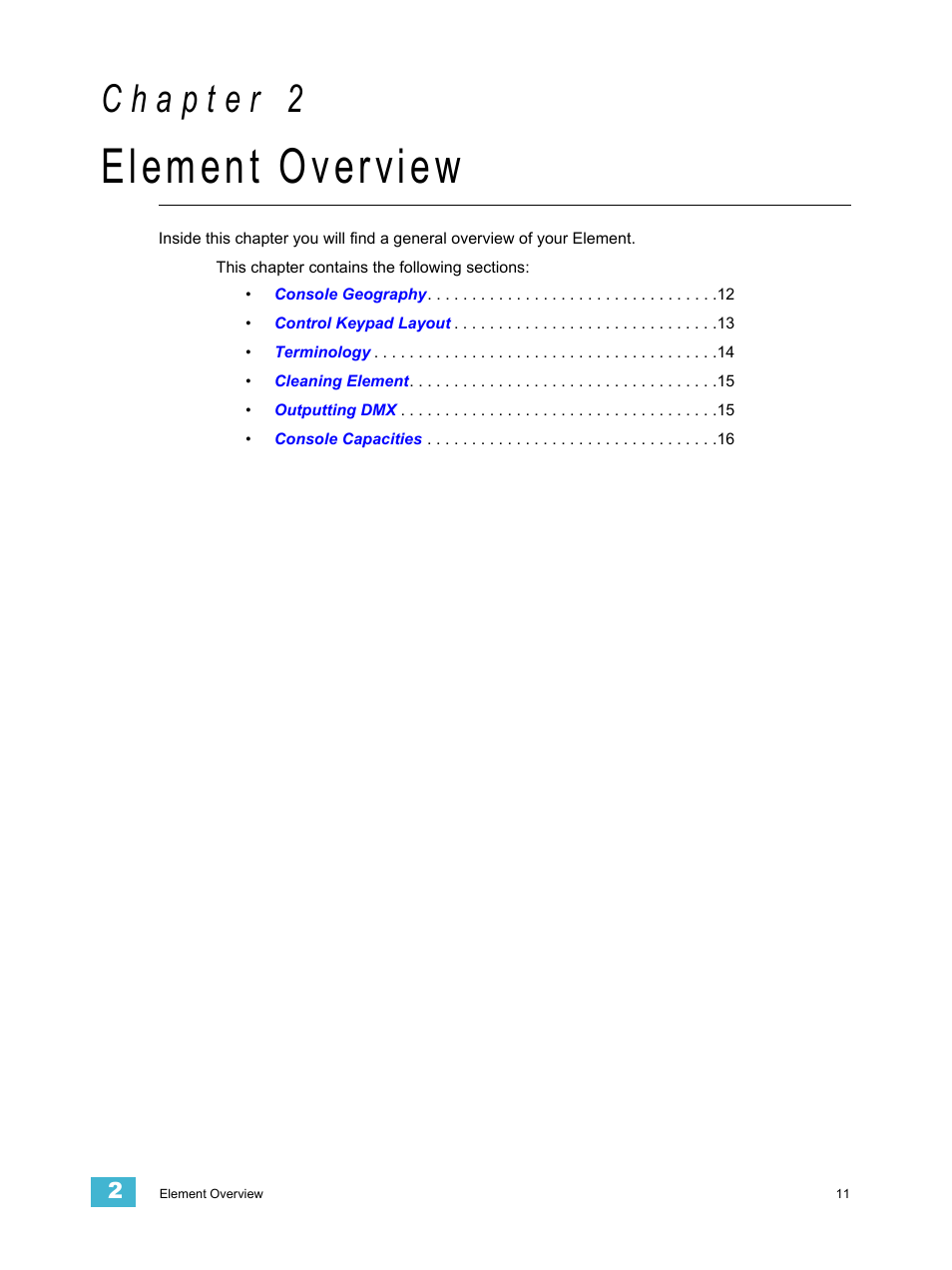 Element overview, C h a p t e r 2 | ETC Element v2.1.0 User Manual | Page 23 / 318