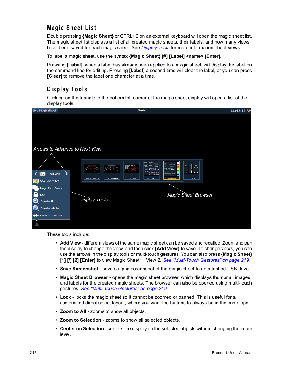 Magic sheet list, Display tools, Magic sheet list display tools | ETC Element v2.1.0 User Manual | Page 230 / 318