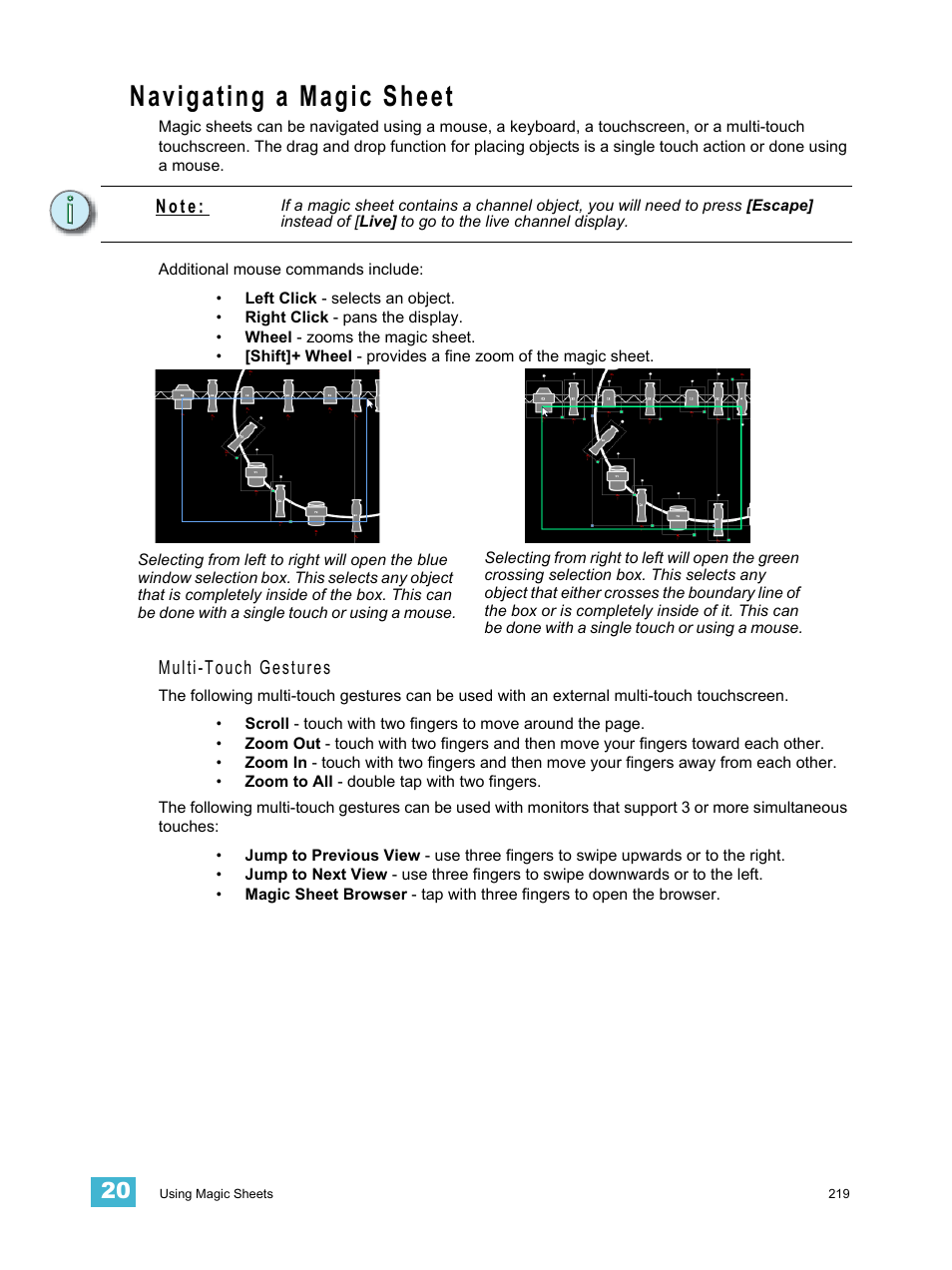 Navigating a magic sheet, Multi-touch gestures, N o t e | ETC Element v2.1.0 User Manual | Page 231 / 318