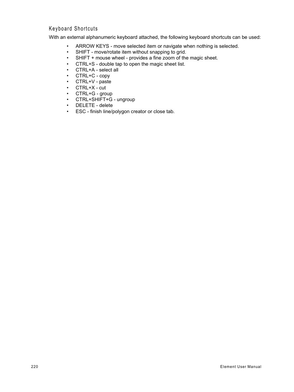 Keyboard shortcuts | ETC Element v2.1.0 User Manual | Page 232 / 318