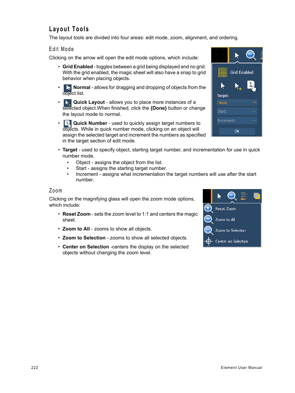 Layout tools, Edit mode, Zoom | ETC Element v2.1.0 User Manual | Page 234 / 318