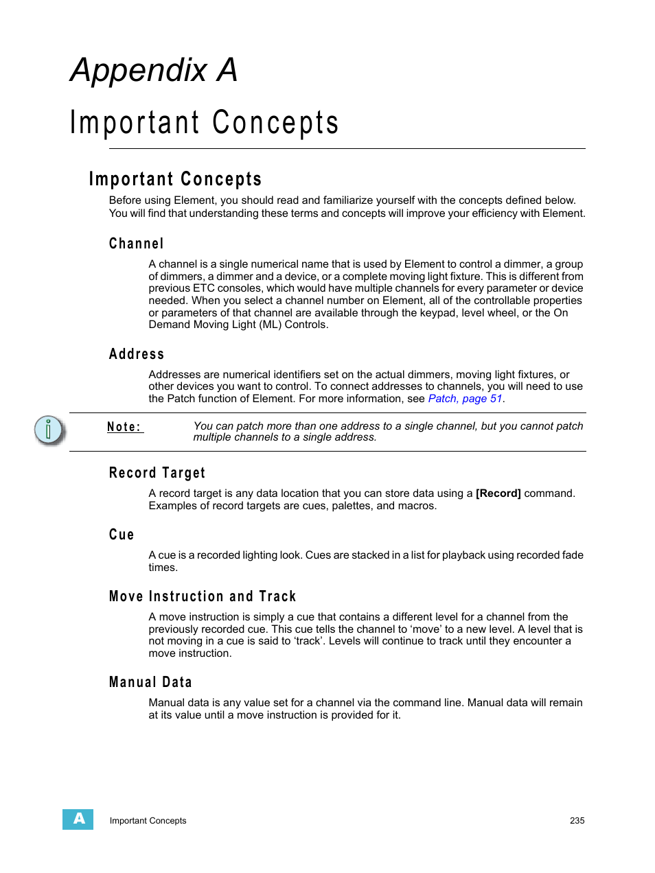 Important concepts, Channel, Address | Record target, Move instruction and track, Manual data, A p p e n d i x a, Appendix a important concepts | ETC Element v2.1.0 User Manual | Page 247 / 318