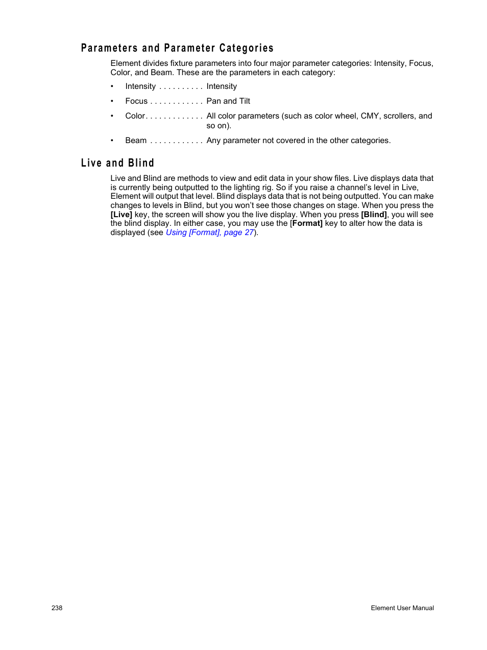 Parameters and parameter categories, Live and blind, Parameters and parameter categories live and blind | ETC Element v2.1.0 User Manual | Page 250 / 318