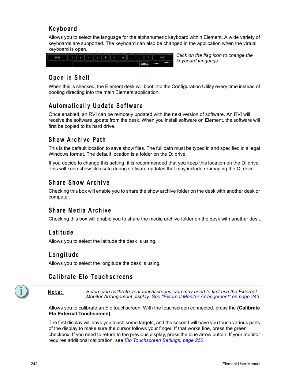 Keyboard, Open in shell, Automatically update software | Show archive path, Share show archive, Share media archive, Latitude, Longitude, Calibrate elo touchscreens, Ecked | ETC Element v2.1.0 User Manual | Page 254 / 318