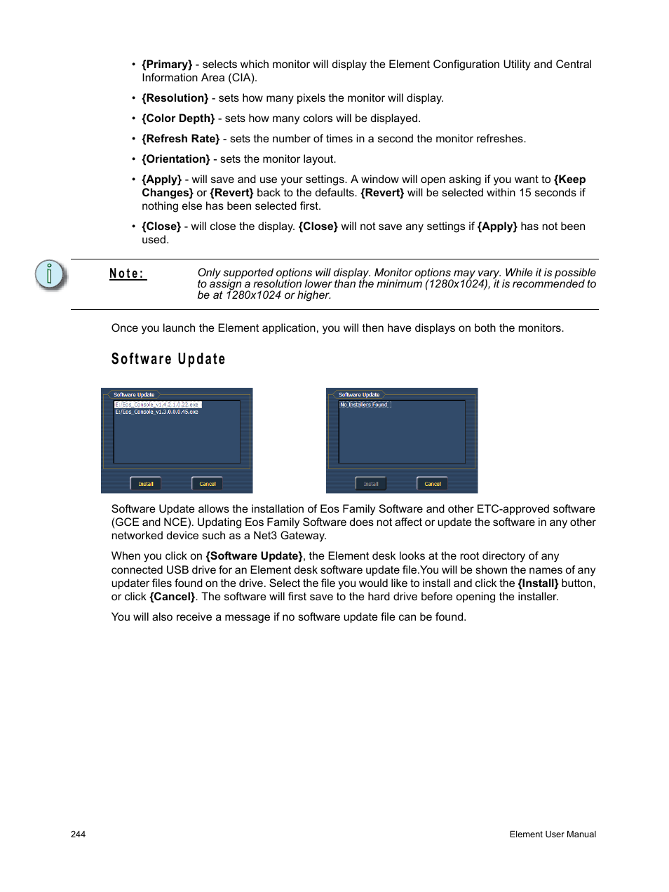 Software update, N o t e | ETC Element v2.1.0 User Manual | Page 256 / 318