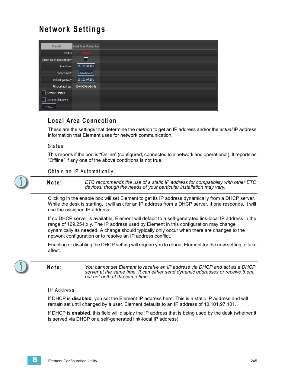 Network settings, Local area connection | ETC Element v2.1.0 User Manual | Page 257 / 318