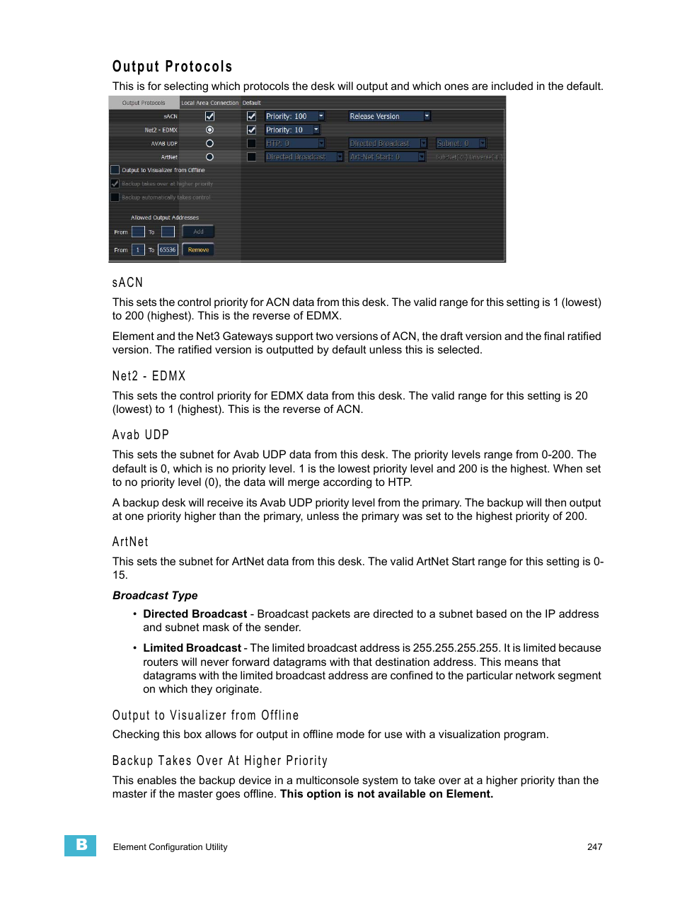 Output protocols, Output | ETC Element v2.1.0 User Manual | Page 259 / 318