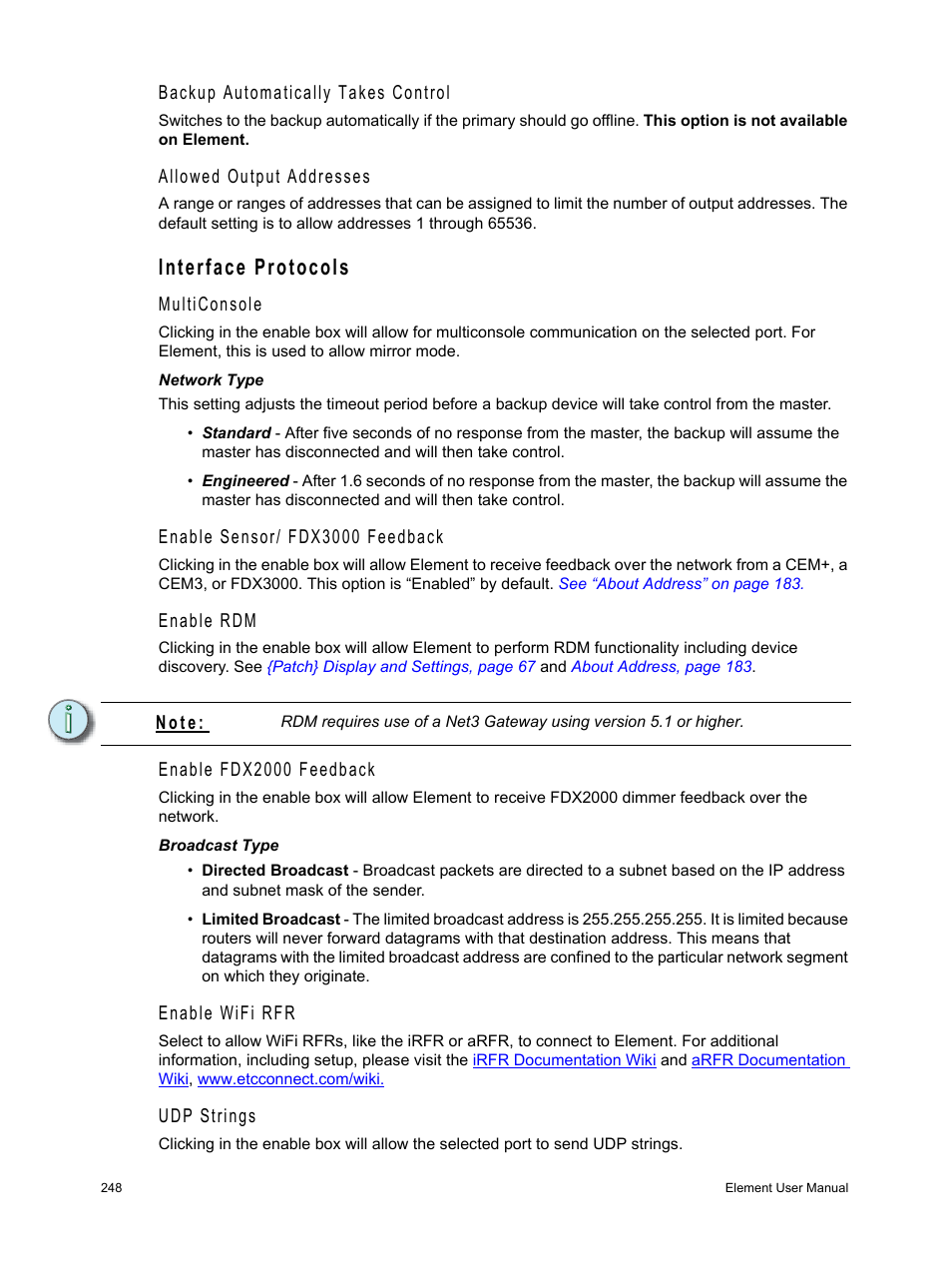 Interface protocols, Led. see, Enable sensor/ fdx3000 | ETC Element v2.1.0 User Manual | Page 260 / 318