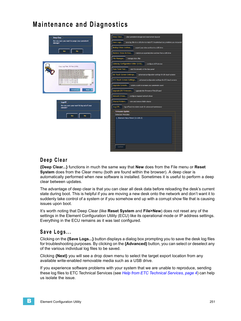 Maintenance and diagnostics, Deep clear, Save logs | ETC Element v2.1.0 User Manual | Page 263 / 318