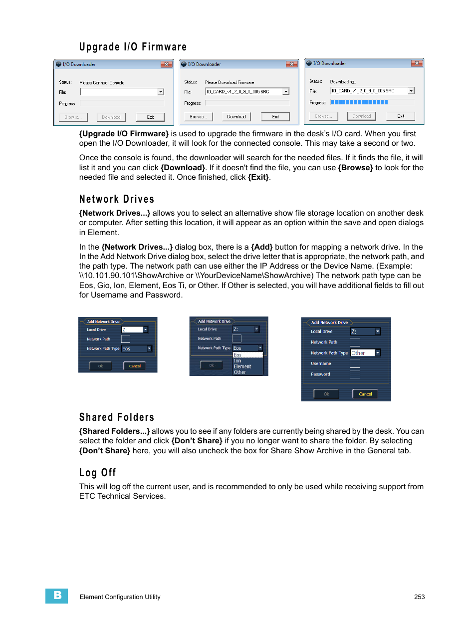 Upgrade i/o firmware, Network drives, Shared folders | Log off | ETC Element v2.1.0 User Manual | Page 265 / 318