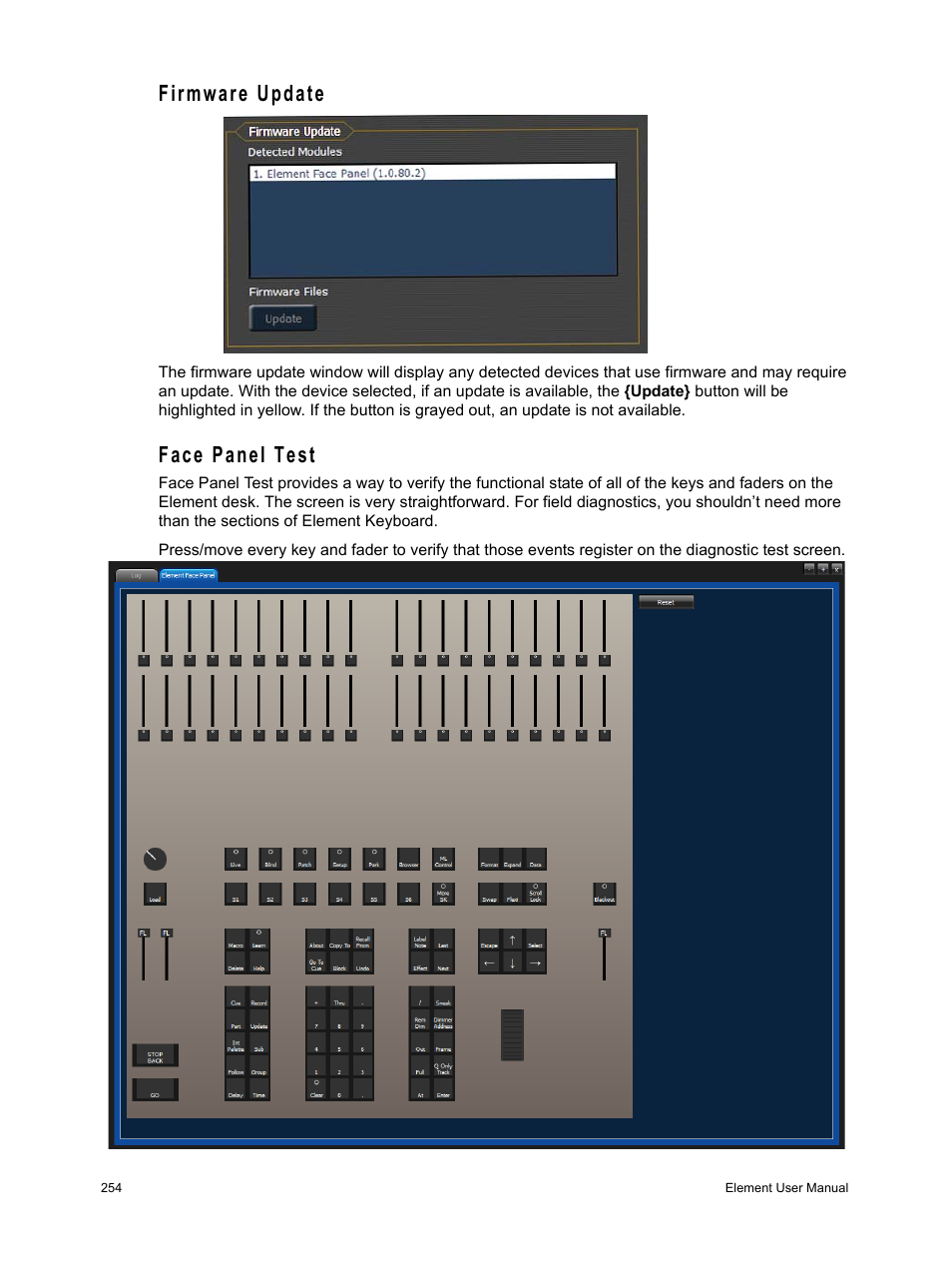 Firmware update, Face panel test | ETC Element v2.1.0 User Manual | Page 266 / 318