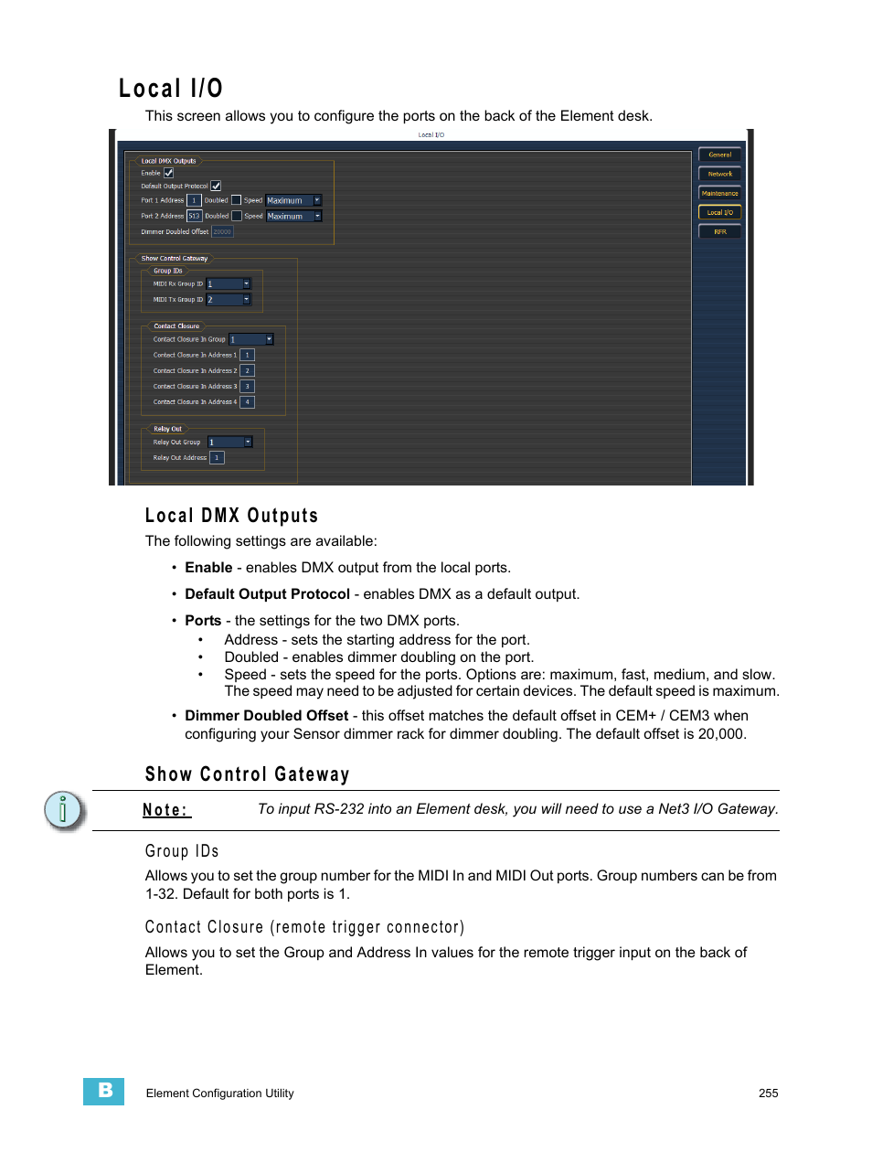 Local i/o, Local dmx outputs, Show control gateway | ETC Element v2.1.0 User Manual | Page 267 / 318